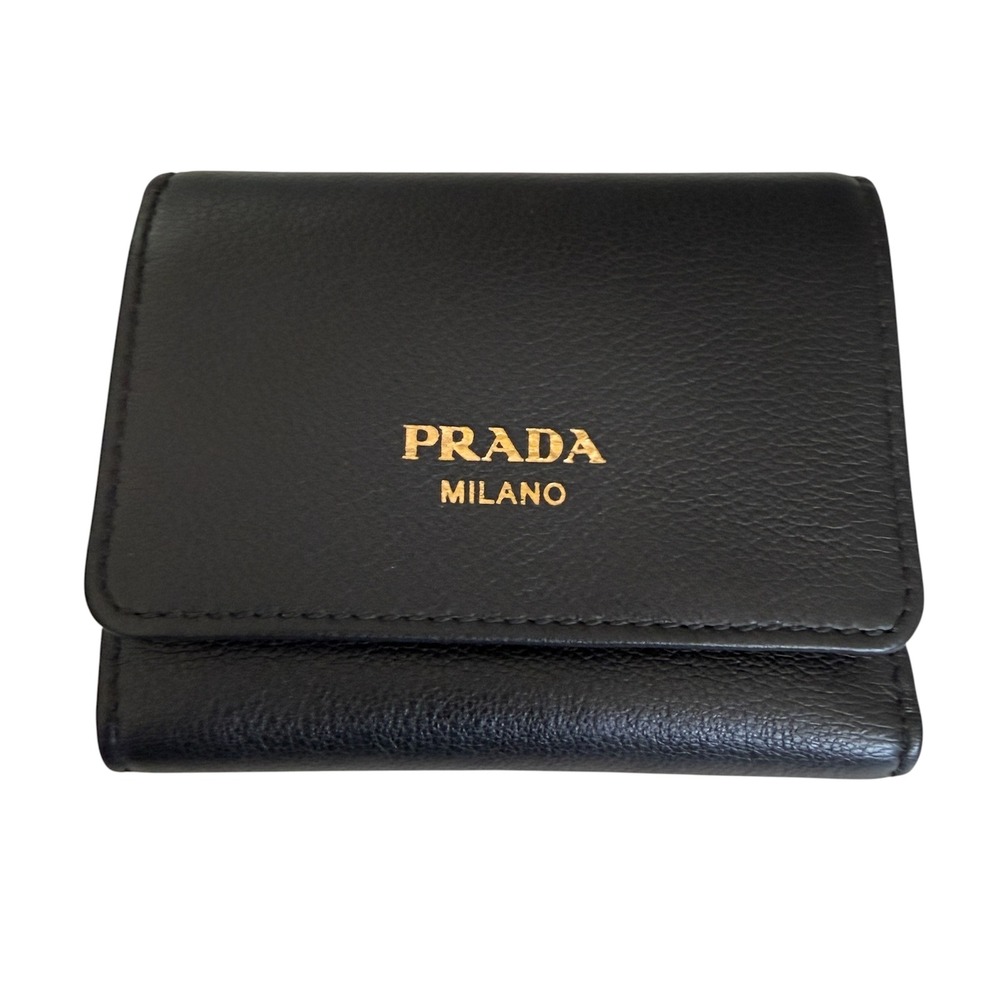 Prada‎ Black Soft Grain Leather Trifold Wallet 1MH043 Gold Logo Made in Italy